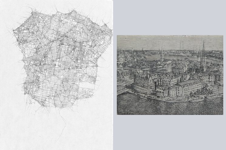 (L) Kathy Prendergast, Mexico City from ‘City Drawings’, 1992, Pencil on Paper, 24 x 32cm, Collection Irish Museum of Modern Art, Purchase 1996, © Kathy Prendergast. (R) Chris Leach, Tallin, Estonia, Pencil, scalpel, burnishing tool, rabbit skin gesso on quarter sawn oak, 32 x 43mm (From Capital Cities series 2013-2023)