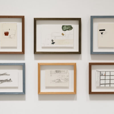 When Worlds Collide, 6. In flight snacks (Top L), 7. Apartment living (Top M), 8. Shopping centre (Top R), 9. Planes (Bottom L), 10. First weekend kitchen (Bottom M), 11. Fishes (Bottom R), Mollie Douthit, Installation View, Photo Credit: Ros Kavanagh