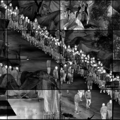 Richard Mosse, 'Grid (Moria)', 2017, June 11 - 20 2021 as part of Brigthening Air, Sixteen channel HD video grid in a 4x4 array. © Richard Mosse. Courtesy of the artist, Jack Shainman Gallery and carlier | gebauer
