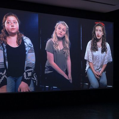 Eva O'Leary: 'Spitting Image', 2017, 3 Channel vertical projection. Photography Roland Paschhoff